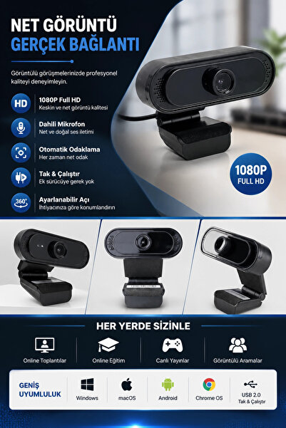 Vothoon WebCam Orjınal 1080p HD Konferans Kamera Dahili Mikrofon Görüntülü So...
