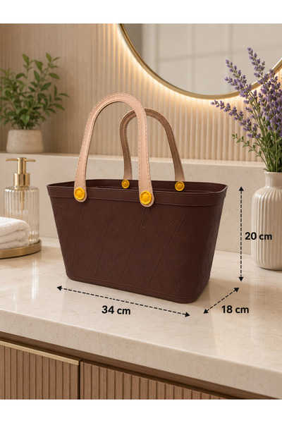 İndecor Houseware Deri Görünümlü Çok Amaçlı Kulplu Plastik Organizer Sepet Deniz Çantası Plaj Çantası, Piknik Sepeti, Dekoratif Sepet
