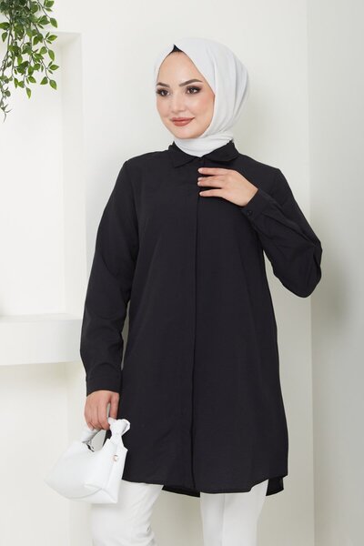 comstar Rochie cămașă lungă, neagră, de bază, cu guler polo, pentru femei