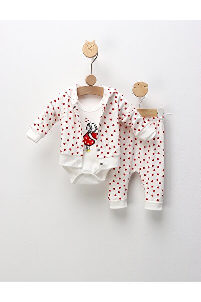 MiniKids Set 3 piese Fetita cu Inimioare, alb-rosu