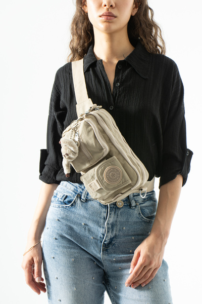 DUOMİNO Klinkır Multi-Pocket Water-Resistant Beige Crinkle Shoulder Bag / Sho...
