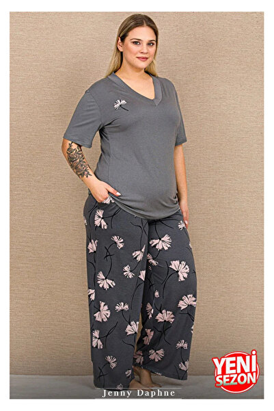Yare Plus Size Gray Floral Patterned V-Neck Short Sleeve Relaxed Cut Double P...