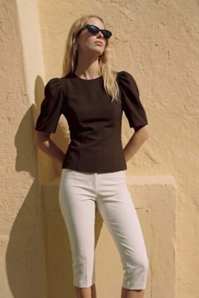 Sateen Puffy Sleeve Blouse - Brown