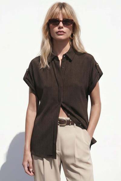 Sateen Striped Short Sleeve Shirt - Brown