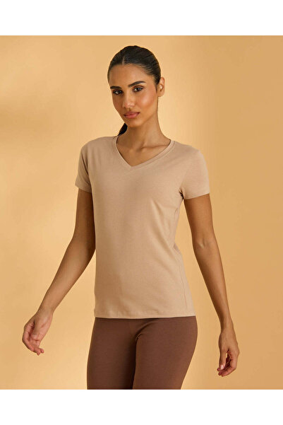 REDTAG Women Beige Plain V Neck T Shirt