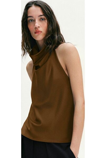 Nostos Algos Brown Halter Neck Satin Woven Blouse