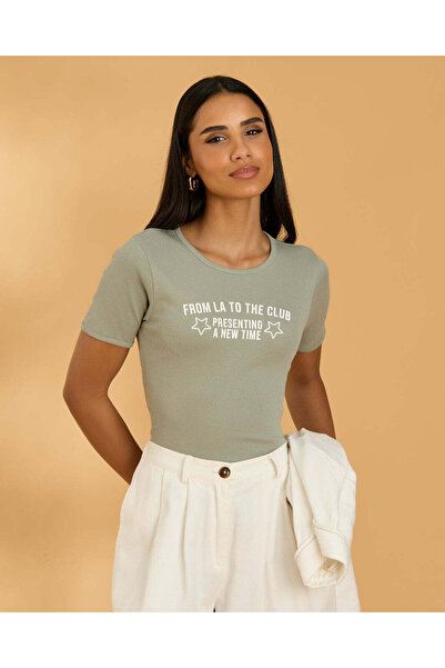 REDTAG Women Green LA Printed Ribbed T Shirt