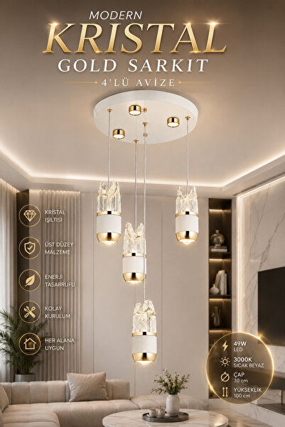 Elvora Home Modern (PREMİUM) Kristal Gold 4'lü Sarkıt Avize Beyaz Gold Lüks T...