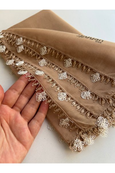 REYYAN El işi İğne Oyalı Yazma sütlü kahve renk 100x100 cm düz yemeni