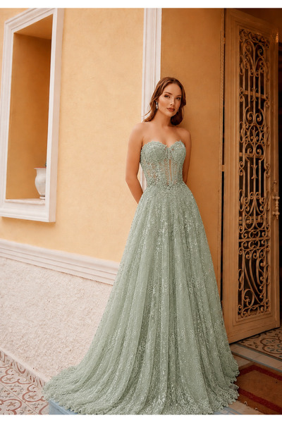 HS SPOSA KADIN ABİYE MİNT RENGİ DANTEL VE TAŞ İŞLEMELİ ŞIK DAVET-NİŞAN ÖZEL G...