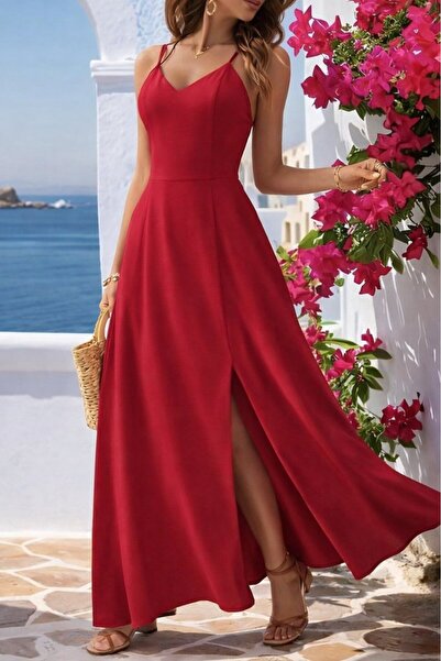 Wear Up Women's Rope Strap V-Neck Slit Long Aerobin Dress