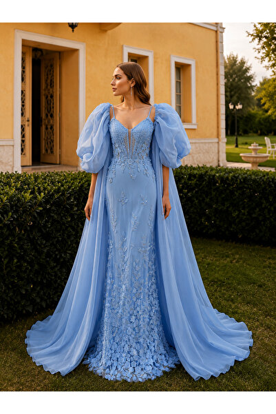 HS SPOSA KADIN ABİYE BALON KOL ORGANZE PELERİN DETAYLI ÇİÇEK APLİKLİ ŞIK UZUN...