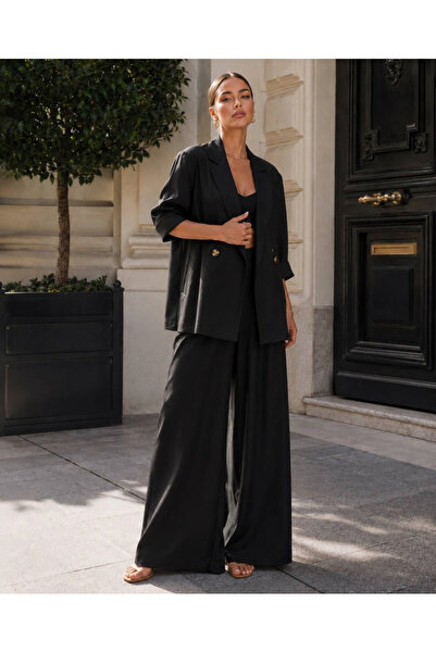 Leyal moda Γυναικείο σακάκι μπλέιζερ με φαρδιά παντελόνα, σετ δύο τεμαχίων, γ...