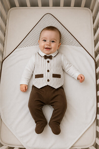 My Babies Label Baby Boy 7-Piece Brown Striped Bow Tie Detailed Blanket Hospi...