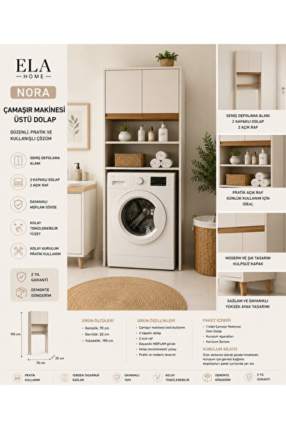 Genel Markalar ELA HOME NORA Çamaşır Makinesi Üstü Dolap 2 Kapaklı Banyo Düze...