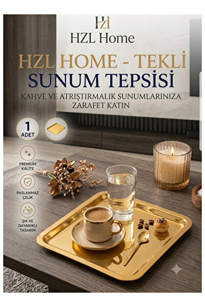 HZL HOME Paslanmaz Çelik Gold Sunum Tepsisi - Lüks Kare Kahve ve Atıştırmalık...