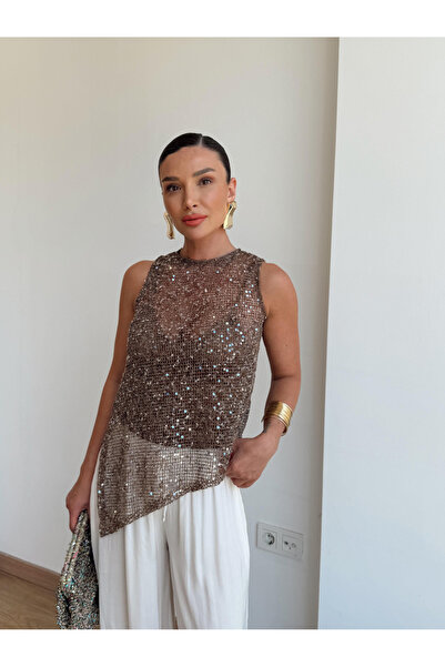 Mzr Collection KADIN ÖZEL SERİ BRONZ PULLU SIFIR KOL BLUZ