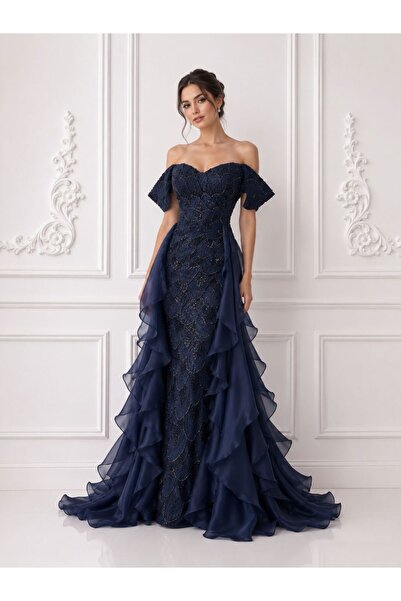 ranin Luxury Navy Blue Evening Dress with Beading and Corset with Dropped Sle...