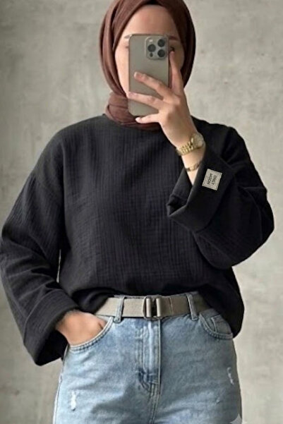 onlymoon Siyah Çift Kat Müslin Kumaş Kadın Bady %100 Pamuk Oversize Salaş Kes...