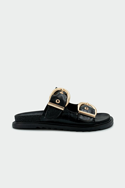 LAMİNTA Holix Gold Buckle Detailed Black Slippers