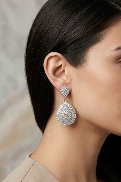 PETEK AKSESUAR Evening Dress Zircon Baguette Stone Drop Earrings 6 Cm.