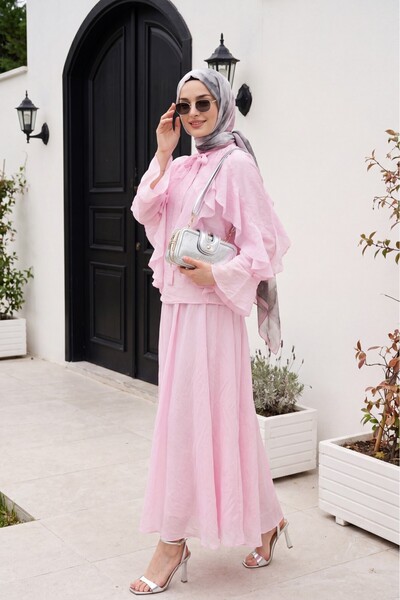 Modamorfo Tulle Modal Set with Tie Collar and Ruffled Front - Powder