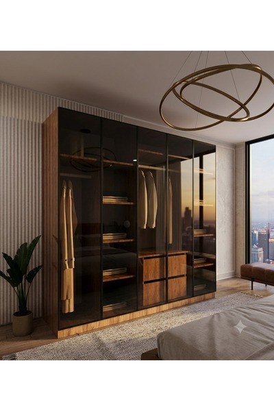 Dian Mobilya Füme Camlı 5 Kapaklı Dolap İçi Beyaz %100 MDF