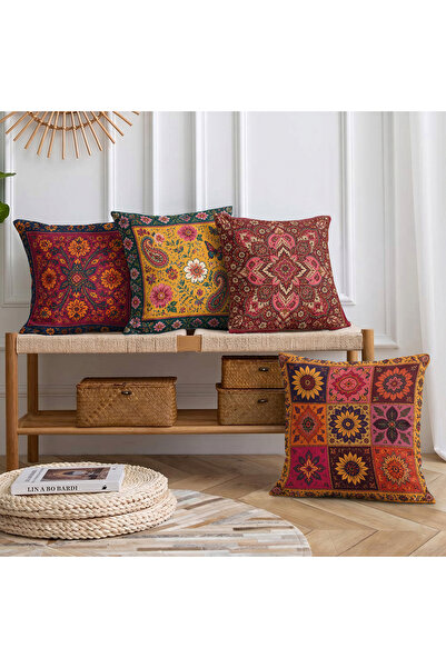 Realhomes Set de 4 huse de pernă cu model etnic boho din piele intoarsa, cu d...
