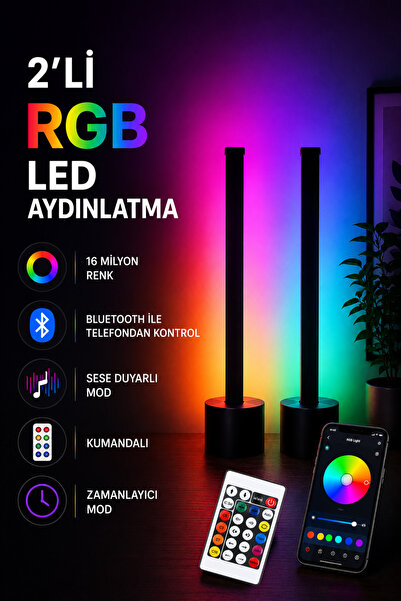 TrendDeco 2'li RGB Dikey LED Ambiyans Lambası 27 cm – Bluetooth Uygulama ve K...