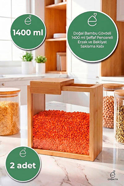 EVONİTA 1400 ml Bamboo Lid Food Container Legume Storage Container Kitchen Or...