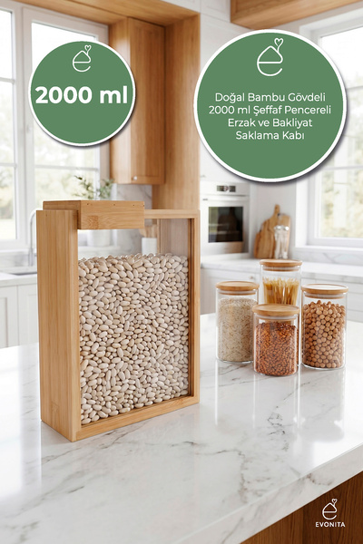 EVONİTA 2000 ML Bambu Kapaklı Erzak Kabı Bakliyat Saklama Kabı Mutfak Organiz...