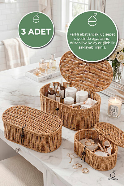 EVONİTA 3'lü Kapaklı Rattan Organizer Sepet Seti Hasır Görünümlü Dekoratif Sa...