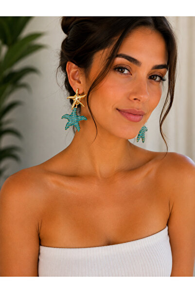 ZS Aksesuar Turquoise Dangle Earrings with Starfish Figure – Gold Sea-Themed ...