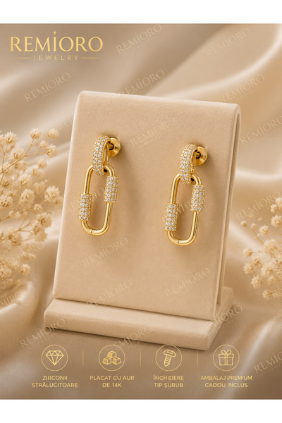REMIORO Cercei Damă Placati cu Aur 14K, Model Link Luxury cu Zirconii Străluc...