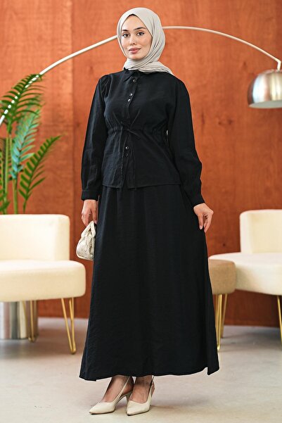 İmajButik Siyah Bel Bağlamalı Gömlek Etekli Takım