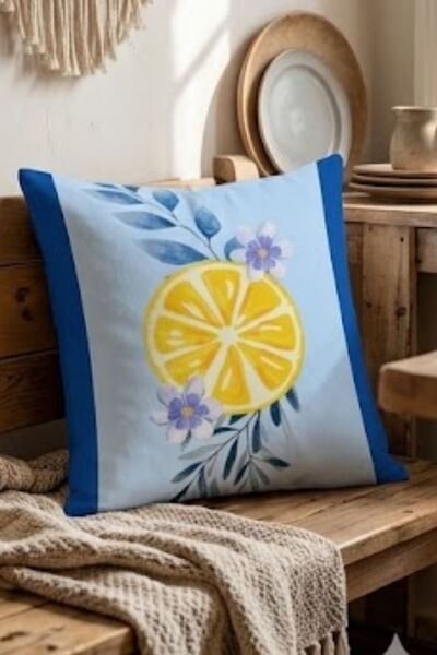 Atay Home غطاء وسادة مزخرف بنمط شرائح الليمون والزهور مقاس 43x43 سم ذو وجهين بحواف زرقاء قطعة واحدة