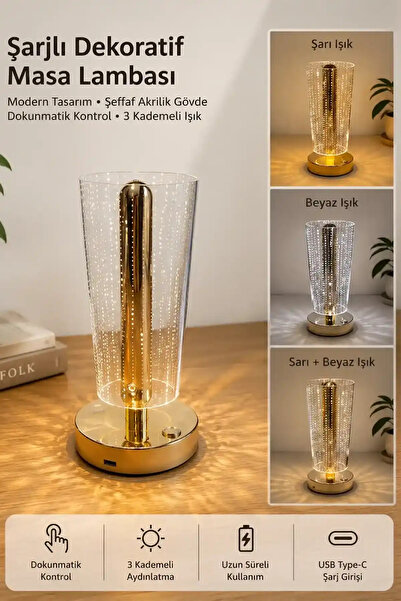 Berdina Home Şeffaf Silindir Akrilik Gövdeli Gold Şarjlı Dokunmatik LED Masa ...
