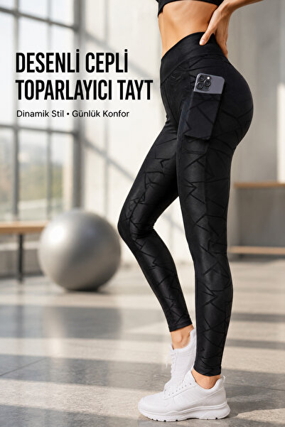 Oxyteez Tayt Kadın Dalgıç, Siyah Desenli Yüksek Bel Toparlayıcı Pratik Cepli ...