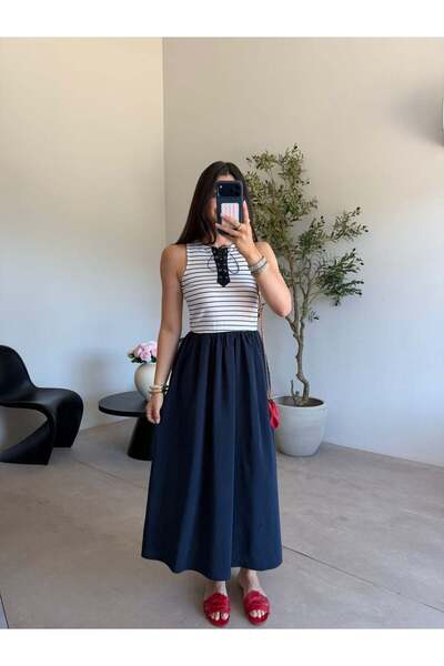 Bade Butik Navy Blue Striped Dress with Pockets