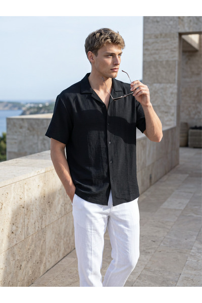 WAMOSSALAPLI Ayrobin Textured Oversize Linen Short Sleeve Men's Shirt