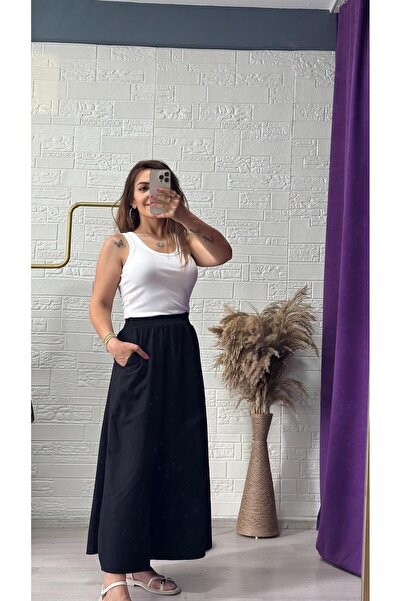 Derya Akyol تنورة نسائية سوداء مريحة وعالية الخصر