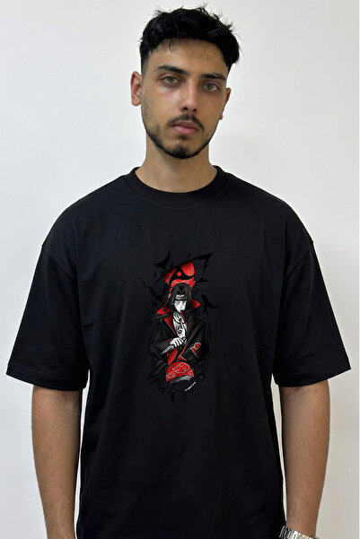 Anetos Itachi Uchiha_2 Design Printed Oversize Black T-Shirt