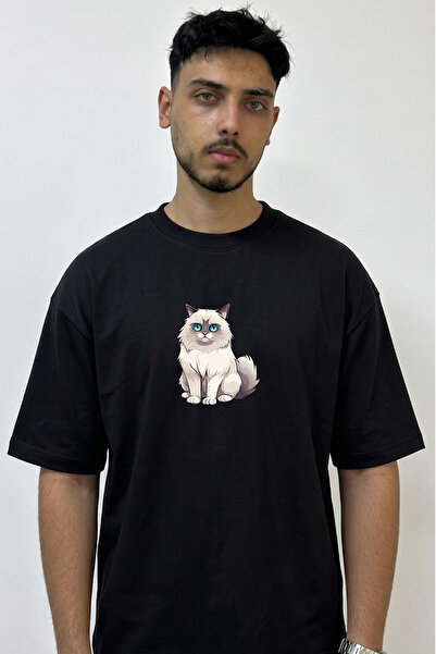 Anetos Ragdoll Cat Design Printed Oversize Black T-Shirt