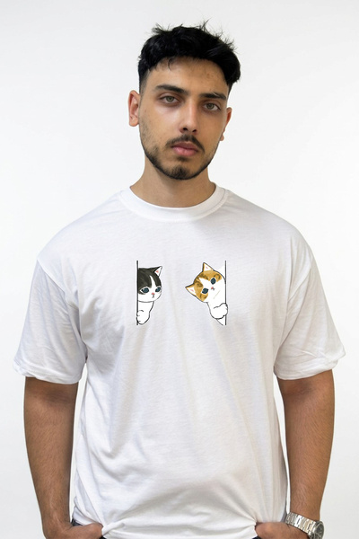 Anetos Cat Drawing Design Printed Oversize White T-Shirt