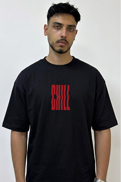 Anetos Wavy Chill Design Printed Oversize Black T-Shirt