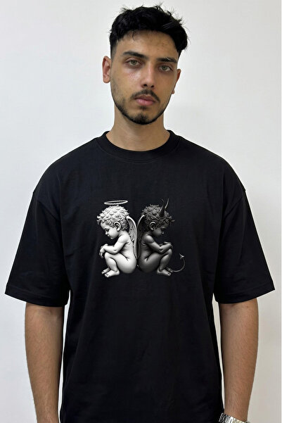 Anetos Angel Devil Design Printed Oversize Black T-Shirt