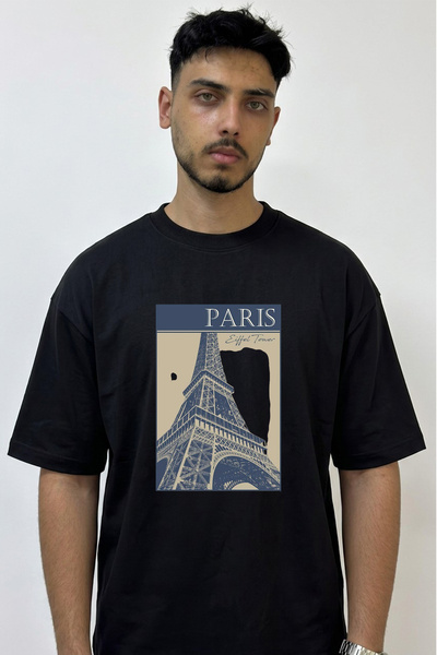 Anetos Eiffel Tower Design Printed Oversize Black T-Shirt