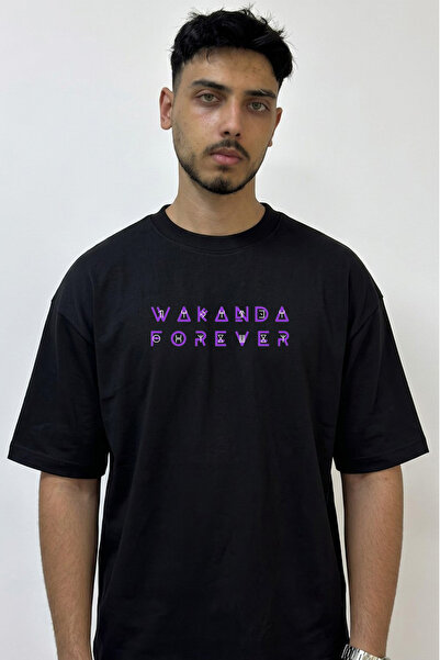 Anetos Μαύρο μπλουζάκι με στάμπα Wakanda Forever Design σε μεγάλο μέγεθος