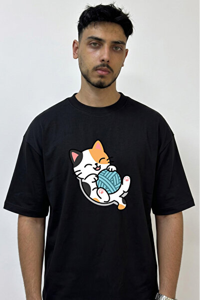 Anetos Cat Yarn Design Printed Oversize Black T-Shirt