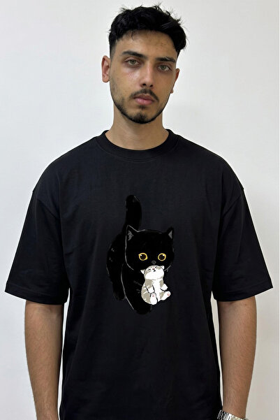 Anetos Black Cat Kitten Design Printed Oversize Black T-Shirt